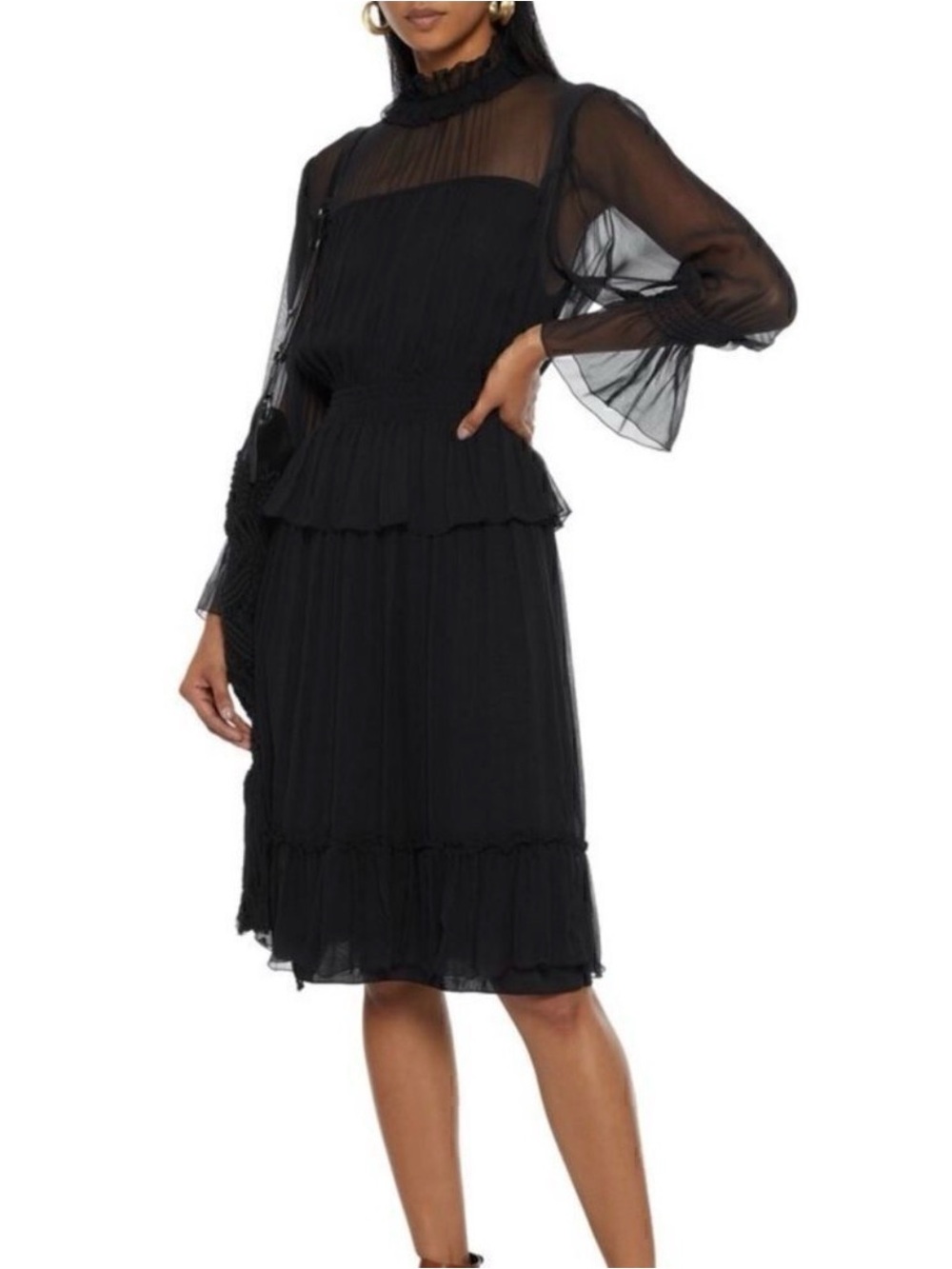 See By Chloé Black Sheer Long Sleeve Ruffle Midi Dress - 38 (US 6)